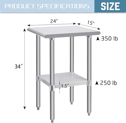 Hally Stainless Steel Table for Prep & Work 24 x 15 Inches, NSF Commercial Heavy Duty Table with Undershelf and Galvanized Legs for Restaurant, Home and Hotel