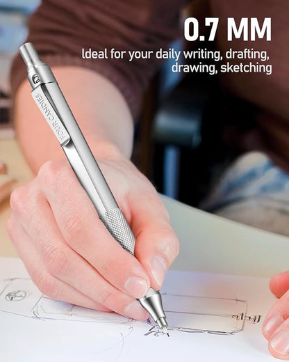 Four Candies 0.7mm Mechanical Pencil Set with Case, 3PCS Metal Artist Lead Pencil with 8 Tubes (480PCS) HB Lead Refills, 3 Erasers, 9 Eraser Refills For Engineer Art Writing Drawing Drafting, Silver