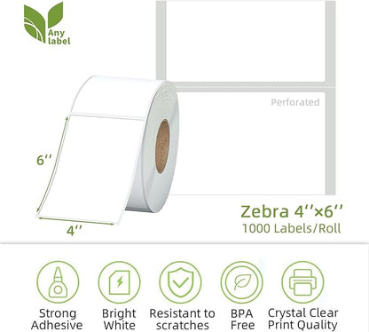 4"x 6" Multipurpose Direct Thermal Labels 3" Core Compatible for Zebra Industrial Printers Adhesive & Perforated (2 Rolls, 1000 Labels/Roll)