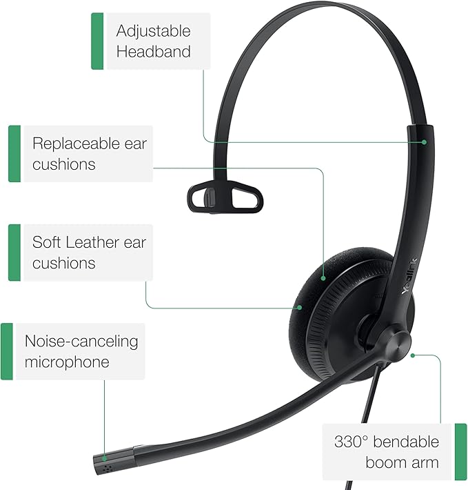 Yealink Phone Headsets for Office Phones YHS34 Lite QD to RJ9 Wired Headset Compatible with Poly Snom Grandstream Phones Desk Landline Headset with Microphone -Mono/72g/2.1m Cable
