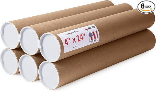 4" x 24" Reinforced Kraft Paper Mailing Tubes, Pack of 6 Tubes with 2 Caps Each – USPS Approved Poster Tube – Made in USA Cardboard Tube for Shipping and Storing Posters, Prints, Artwork, or Documents