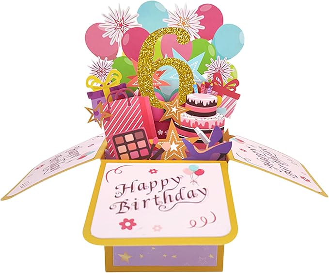 Asmallgf Happy 6th Birthday Pop Up Card for Daughter Niece, Funny 6 Years Old Birthday Gifts for Girl Boy, Sweet 6 Birthday Gift Ideas for Him Her