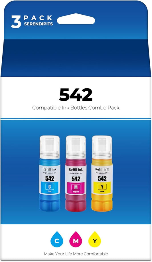 542 Ink Bottle Color Combo Pack ET-5150 ET-5170 ET-5180 ET-5850 Replacement for 542 Ink Refill Bottle Color for Ecotank Pro ET-16650 ET-5880 ET-5800 ET5150 ET-16600 Printer (Cyan/Magenta/Yellow)