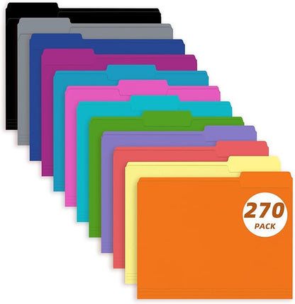 File Folder, PANDRI 270 Pack Colored File Folder, 1/3 Cut Tab, Letter Size, Assorted 12 Colors Filing Folder for Office School Business