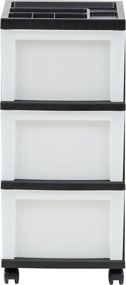 IRIS USA Plastic Drawer Storage Organizer Rolling Cart, with Wheels Casters, 3-Drawers, for Classroom Art Craft Supplies Dresser Closet Bathroom Dorm Bedroom Laundry Room, Black/ Pearl