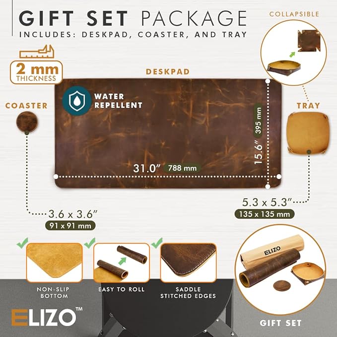 Leather Desk Pad (Real) Leather Desk Mat Set (32x16) Large Desk Cover Desk Blotter Desk Protector Computer Mat for Keyboard Gaming Mouse Pad Table Laptop Office Desktop Accessories Antique 2mm ELIZO