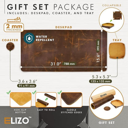 Leather Desk Pad (Real) Leather Desk Mat Set (32x16) Large Desk Cover Desk Blotter Desk Protector Computer Mat for Keyboard Gaming Mouse Pad Table Laptop Office Desktop Accessories Antique 2mm ELIZO