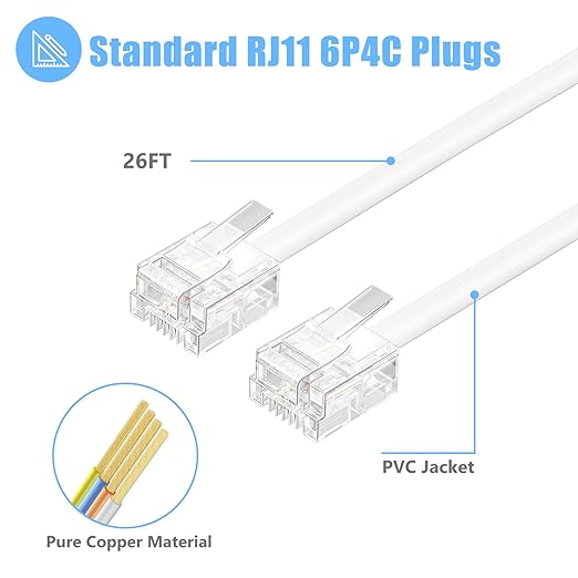 Phone Cord for Landline, 2 Pack 26 Feet(8M) RJ11 6P4C Phone Extension Cord, White Telephone Wire, RJ11 Telephone Cable with Fax/Modem for Office or Home