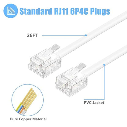 Phone Cord for Landline, 2 Pack 26 Feet(8M) RJ11 6P4C Phone Extension Cord, White Telephone Wire, RJ11 Telephone Cable with Fax/Modem for Office or Home