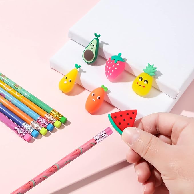 Leinuosen 30 Scented Cartoon Fruit Pencil Toppers with 12 Eraser