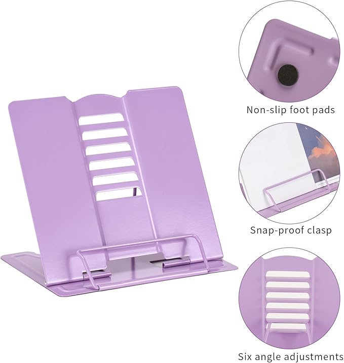 Metal Book Stand - Adjustable Book Holder for Reading (Full Purple)
