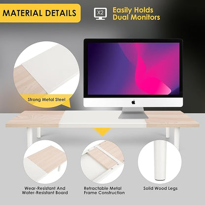Dual-Monitor-Stand-Riser-For-Desk Adjustable Length 32-40 Inch，Large Desktop Computer Monitor Riser For 2 Screens，Desk Shelf Organizer Riser Stand For Computer/Laptop/PC/Printer/TV Maple