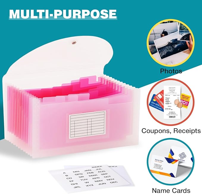 H4D Check Size 13 Pocket Expanding File Folder, Accordion File Organizer Wallet Case for Coupon Receipt Storage, 10 x 5.5 inches, Pink