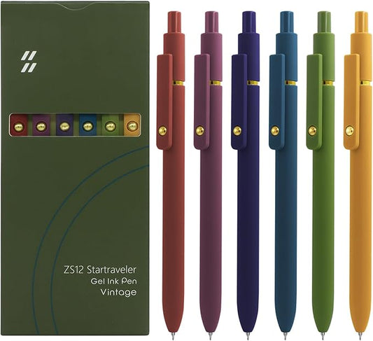 UIXJODO Gel Pens, 6 Pcs Black Ink Pens for Women, 0.5mm Fine Point Smooth Writing Pens, High-End Series Retractable Pens for Journaling Note Taking (6 Pcs Gold Vintage)