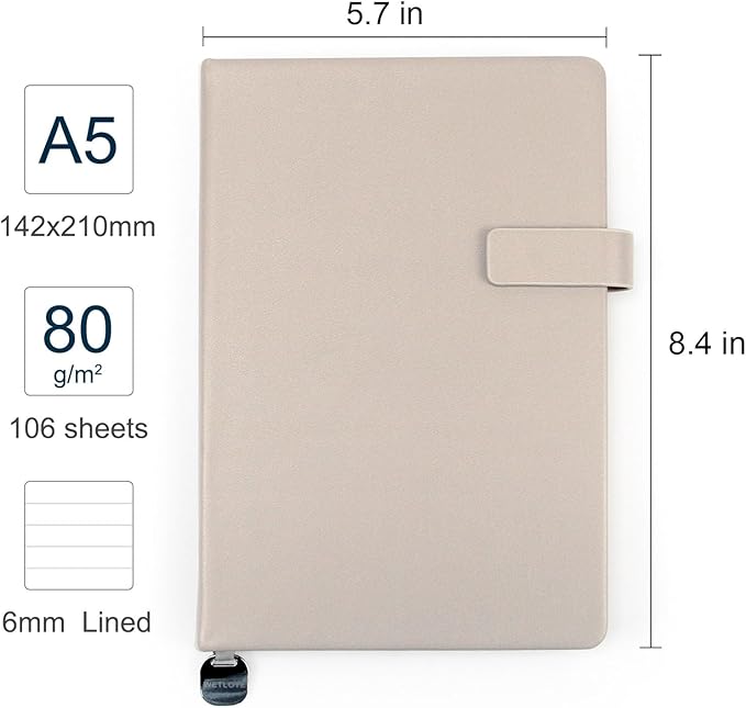 A5 Hard Cover Notebook with Pen Holder, Gold Edges & 180° Lay Flat - Large 5x8.25 Lined, Bookmark, Gift Box - Durable Journal for Office, Study, Travel - Writers, Students（Light Coffee）