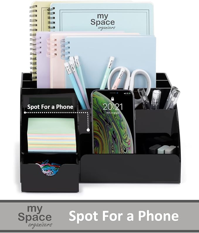 Black Desk Organizer with 9 Compartments - Desktop Office Supplies and Desk Accessories Organizer