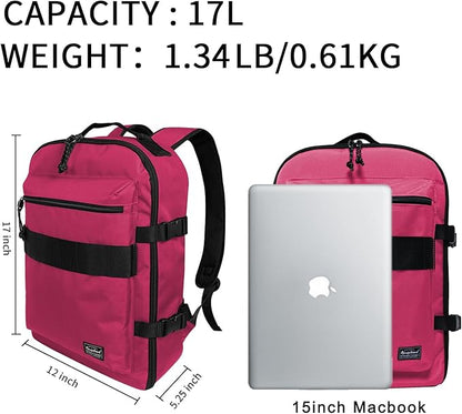 Travel Backpack 17L Lightweight Casual Small Carry-on Daypack 15-inch Laptop Notebook, Underseat Overnight Weekender, Rasberry