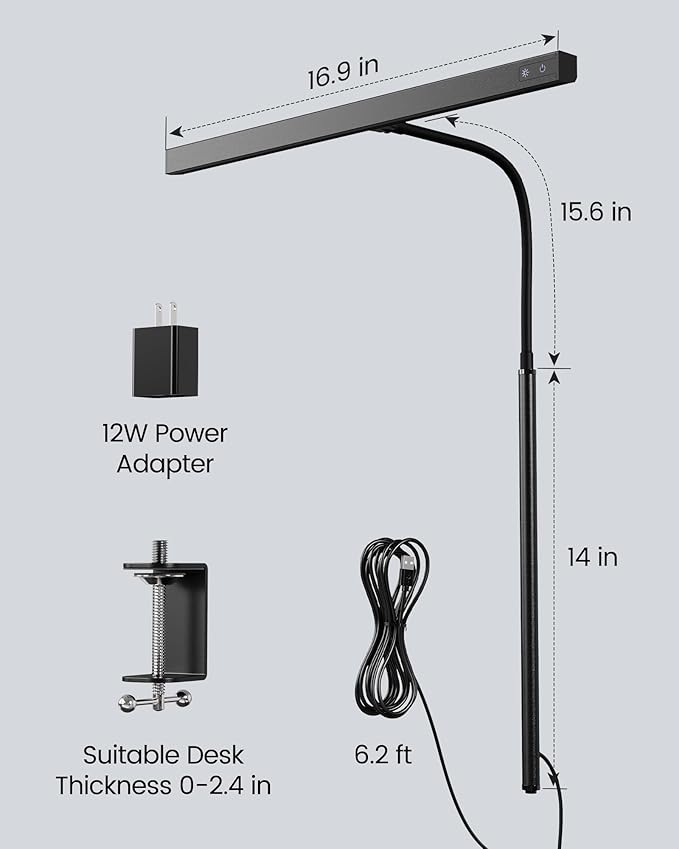 SUPERDANNY LED Desk Lamp for Office Home, Eye-Caring Desk Light with Adjustable Gooseneck, 12W Touch Control Dimmable Brightness, Architect Clamp Lamp with USB Adapter for Reading Study Workbench