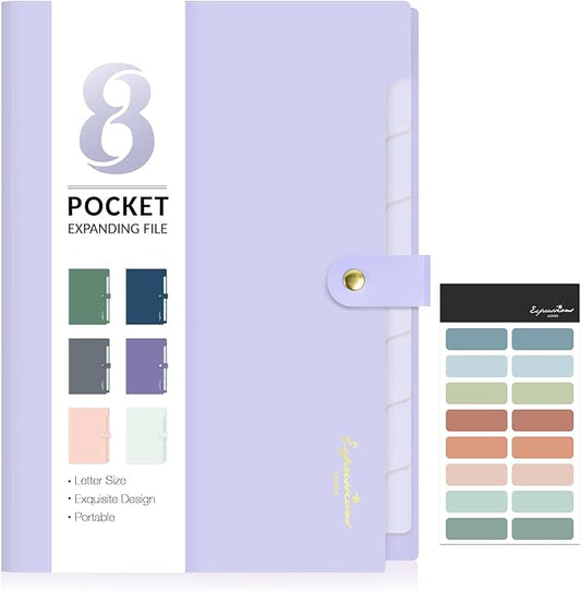 Sooez Elegant Accordion File Organizer with Labels, 8 Pocket Expanding File Folder, Portable Folders for Documents, Cute Paper Organizer for School Office Supplies, Letter Size, Light Purple
