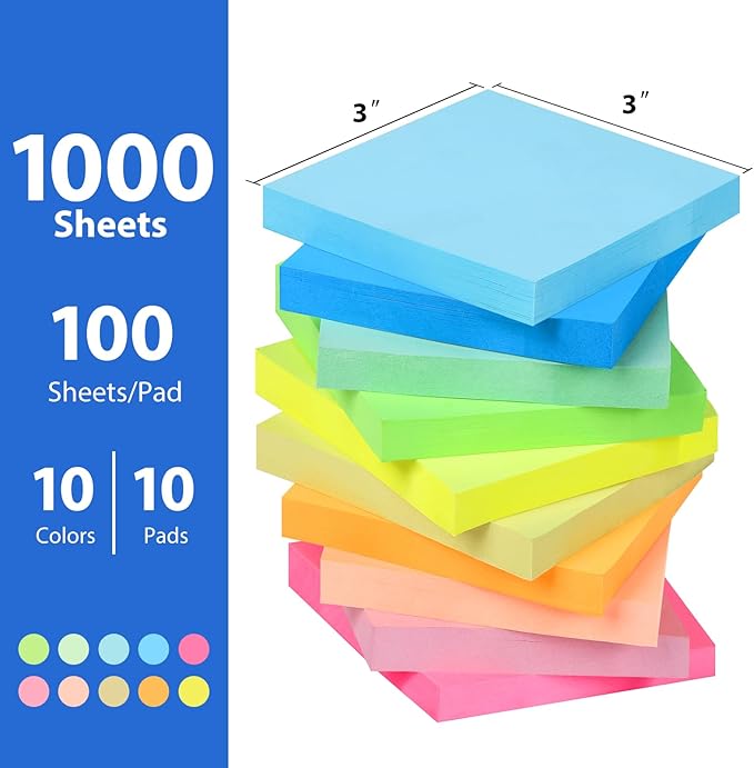 Sticky Notes,10 Pads,3x3 Inches, Colorful Self-Stick Notes Pads, Office Supplies,Perfect for Office, Study, and Daily Life Organization,100 Sheets/pad