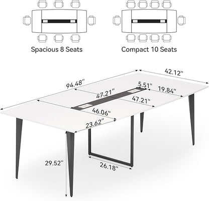 LITTLE TREE 8FT Conference Room Table, 94.48L x 47.21W x 29.52H Boat Shaped Meeting Table, White&Black