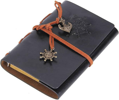 EvZ Leather Writing Journal Notebook, 7 Inches Vintage Nautical Spiral Blank String Diary Notepad Sketchbook Travel to Write in, Unlined Paper, Retro Pendants, Classic Embossed, Black