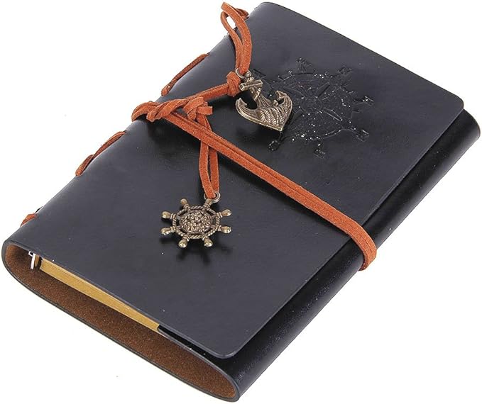EvZ Leather Writing Journal Notebook, 5 Inches Vintage Nautical Spiral Blank String Diary Notepad Sketchbook Travel to Write in, Unlined Paper, Retro Pendants, Classic Embossed, Black