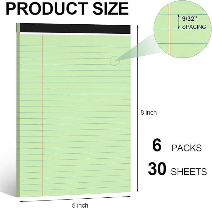Utron 6 PCS Small Legal Pads 5x8 Green, Narrow Ruled Small Note Pads 5x8, Micro Perforated Writing Pad, College Ruled Legal Notepads 5x8 for Study, Office, To-Do Lists(30 Sheets/Small Notepad)