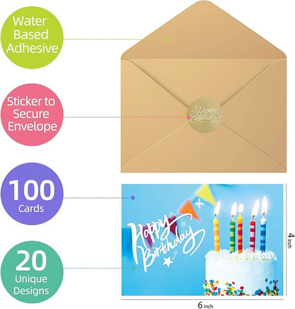 100 Happy Birthday Cards with Envelopes, 20 Unique Designs, Birthday Cards Bulk with Short Generic Message Inside, 4x6 inches, Assorted Birthday Cards Assortment for Business, Office and Personal