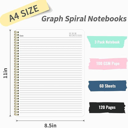 Spiral Notebook 8.5" x 11", A4 Lined Black Hardcover College Ruled Notebook for Work, 120 Pages 100GSM Large Thick Spiral Writing Journal for Women & Men