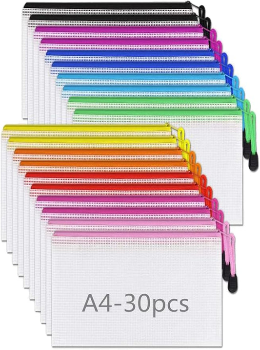 Mesh Zipper Pouch Document Bag, Plastic Zip File Folders, Letter Size Waterproof Document Pouch for Office Supplies, Arts & Crafts Organizing Storage (10 Colors 30 Pack)