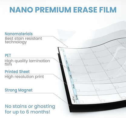 CLEVER CLEAN Magnetic Dry Erase Monthly Calendar - 14.25"x11.25" Monthly and Weekly Calendar Bundle for Fridge - 6 Extra Fine Point Markers Included - Shipped Flat