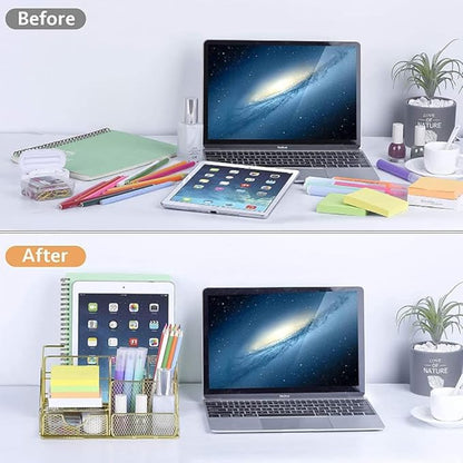 JUOPIEA Desk Organizers and Accessories Office Supplies Organizer with Pen Holder, 72 Clips Set and Phone Stand, Metal Mesh Desktop Organizers with Drawer for Home, Office, School Ect (Gold)