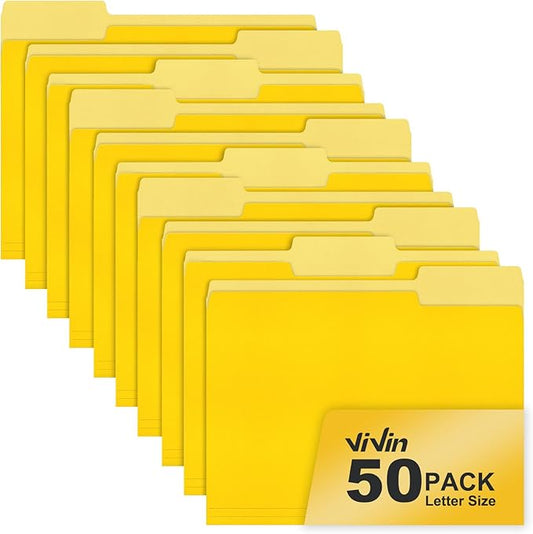 ViVin File Folder, 50 Pack Colored File Folders with 1/3-Cut Tabs, Fits 8.5 * 11 Letter Size Paper, Manilla Folders for Home Office School Documents(Yellow)