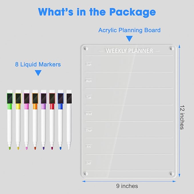 Acrylic Weekly Planner Board Meal Planner Magnetic Menu Board for Kitchen Fridge w/ 8 Markers, Clear Weekly Calendar Planning Dry Erase Board Noteboard to Do Grocery Shopping List, 12x9’’