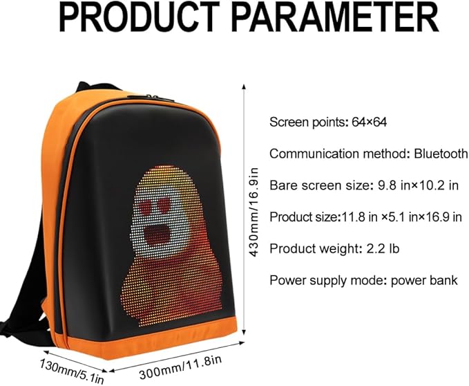 LED Color Screen Customizable photo/icon Backpack,Water-Resistant Travel Bag with USB Port and Comfortable Padding, Orange