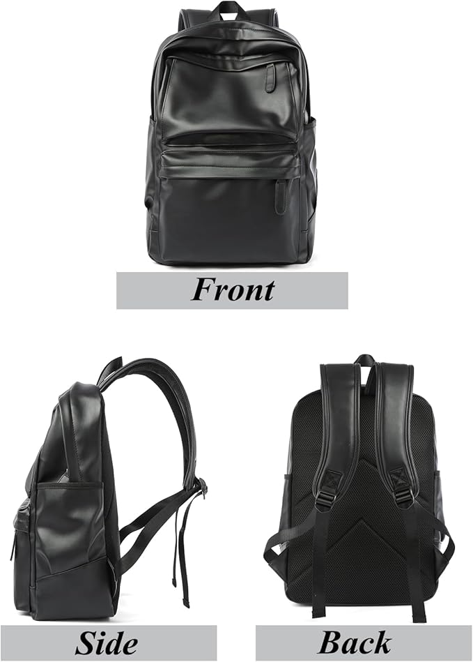 Black Leather Backpack, Large Capacity Carry On Back Pack Fits 15.6'' Laptop, Water-Resistant Overnight Rucksack for Travel Hiking Business Work PU Backpack