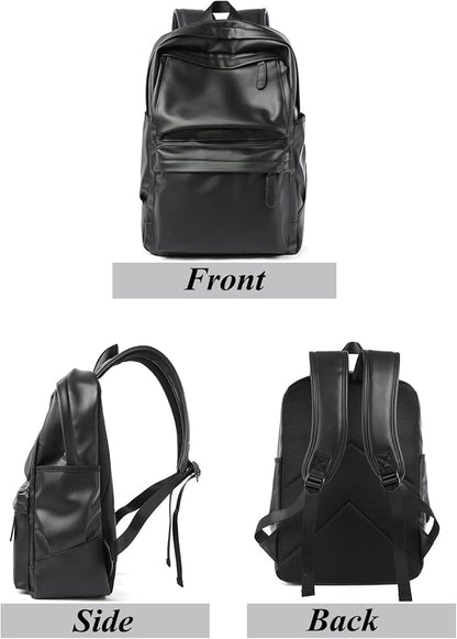 Black Leather Backpack, Large Capacity Carry On Back Pack Fits 15.6'' Laptop, Water-Resistant Overnight Rucksack for Travel Hiking Business Work PU Backpack