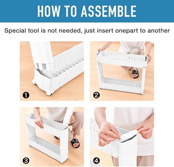 Slim Rolling Storage Cart 4 Tier, Small Plastic Kitchen Laundry Room Cart, Mobile Storage Organizer Shelves, Utility Cart Tower Rack for Bathroom Bedroom (White)