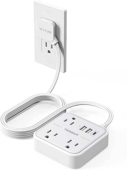 Extension Cord Flat Long Power Strip 15 FT, TESSAN Surge Protector Power Strip with USB Ports (1 USB C), Flat Wall Outlet Extender with 3 Outlets for Home, Office, School, Dorm Room Essentials