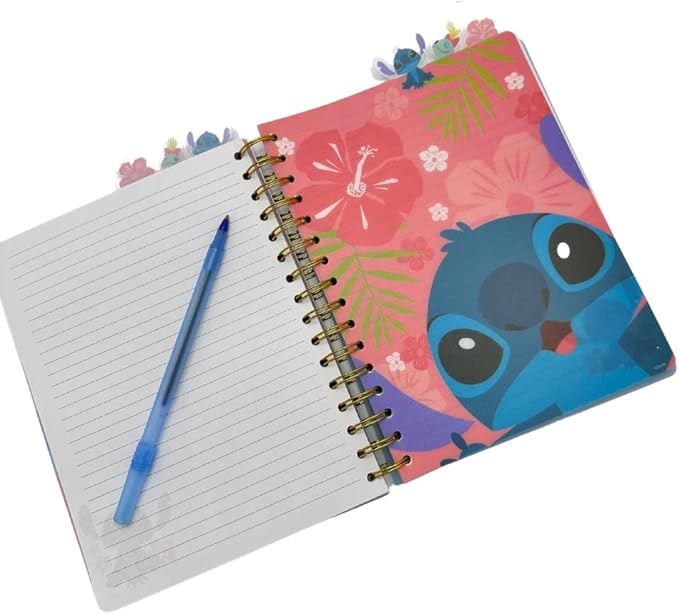 Innovative Designs Disney Stitch Tab Journal Notebook Ohana Spiral Bound, 144 Lined Pages, 8 x 7 inches, Blue
