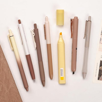 WRITECH Gel Pens Journaling Highlighters: Journal Set Aesthetic Assorted Earth Tones Color Ink 0.5mm Fine Point Retractable 0.7mm Black Pen Smooth Writing Drawing No Bleed 7ct (Brown)