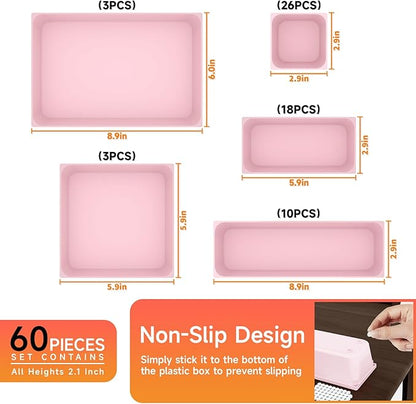 60 Pcs Plastic Drawer Organizer Set,5 Size Small Storage Containers for Organizing Jewelry,Utensil,Junk,Tea,Makeup,Shallow Drawer Organizers Tray Suitable for Office,Desk,Bathroom,Vanity,Kitchen,Pink