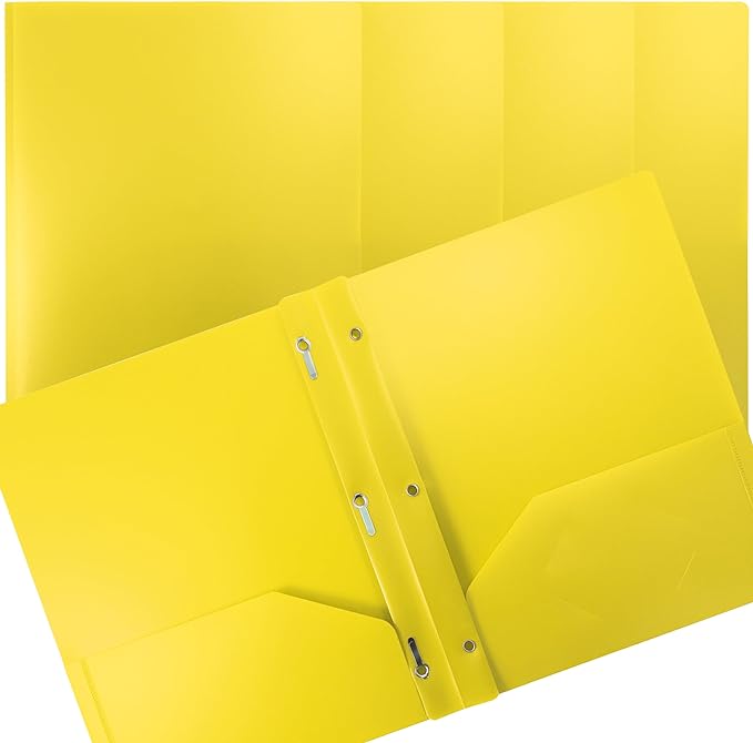Better Office Products Yellow Plastic 2 Pocket Folders with Prongs, Heavyweight, Letter Size Poly Folders, 24 Pack, with 3 Metal Prongs Fastener Clips, Yellow