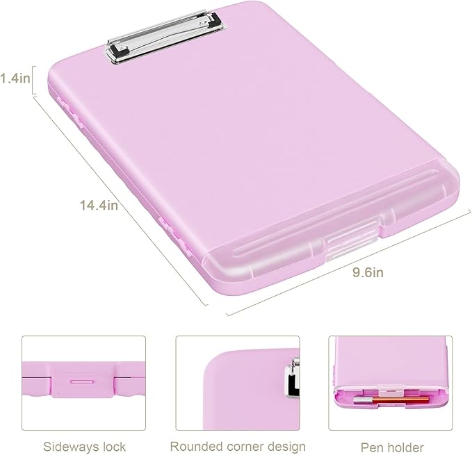 Piasoenc Clipboard with Storage, 8.5 x 11 Organization Box with Pen Holder and A4 Legal Paper Folder, Heavy Duty Plastic, Folio & Side-Opening, Low Profile Clip, for Teachers, Lawers, Deep Pink