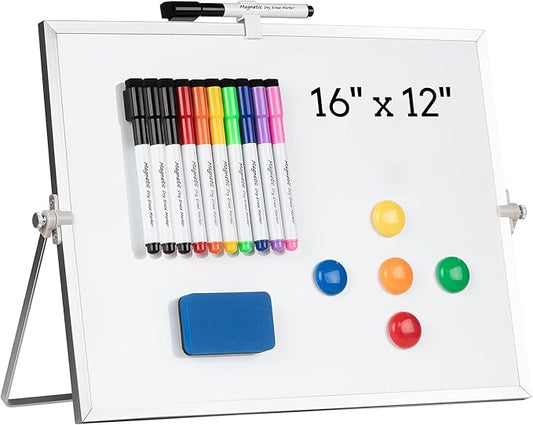Dry Erase White Board, Cazeyoo Magnetic Desktop Whiteboard 16 x 12inch with Stand, 10 Markers, 4 Magnets and 1 Eraser, Portable Double-Sided White Board for Kids Drawing, Office, Home, School - White