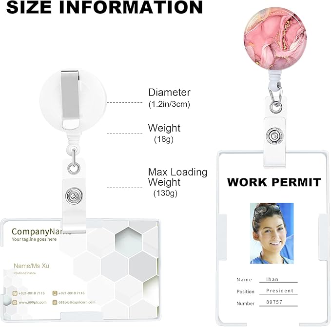 Pink Marble Badge Reels Holder Retractable with ID Clip for Nurse Name Tag Card Nursing for Doctor Teacher Student Employee Office Medical Work