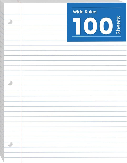 Loose Leaf Paper Lined Paper, 100 Sheets Notebook Paper, Binder Paper Wide Ruled, 8.5'' x 11'' Loose Leaf Notebook Paper, 3-Hole Punched Writing Paper, Filler Paper for 3-Ring Binder Note Paper, White