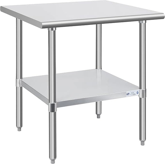Hally Stainless Steel Table for Prep & Work 30 x 30 Inches, NSF Commercial Heavy Duty Table with Undershelf and Galvanized Legs for Restaurant, Home and Hotel