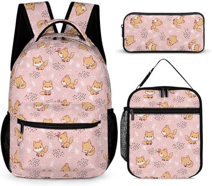 3PCS 17" Fox Backpack, Shoulders Backpack with Insulated Lunch Bag Durable Fox Laptop Bag Daypack with Multiple Pockets (Fox)
